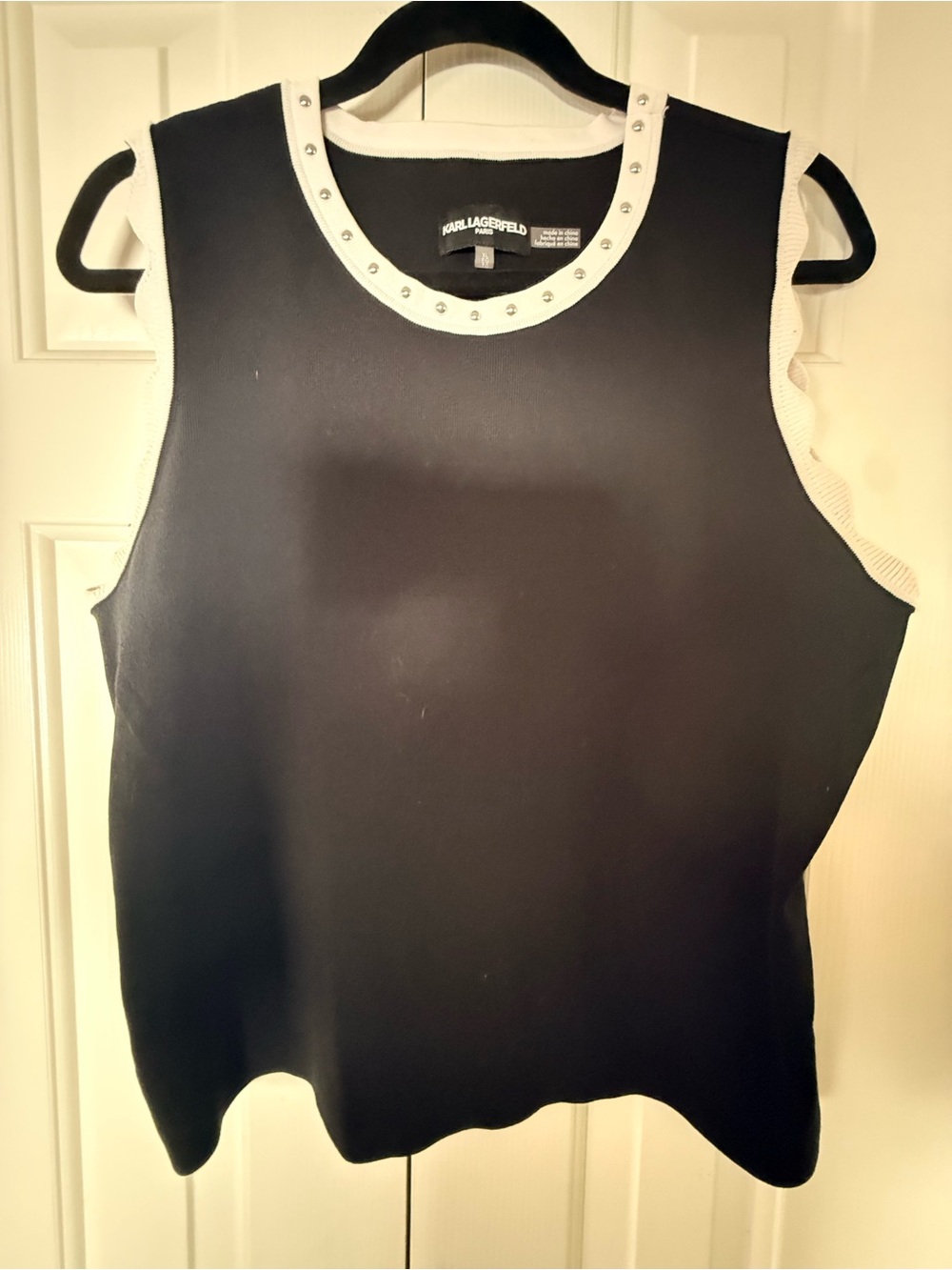 Karl Lagerfeld Black Ribbed Tank with White Studded Neckline Sleeveless